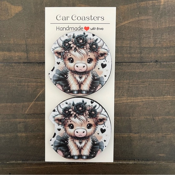 Highland Cow Car Coasters with Black Hearts & Black Tutu-Set of 2 - Picture 2 of 3